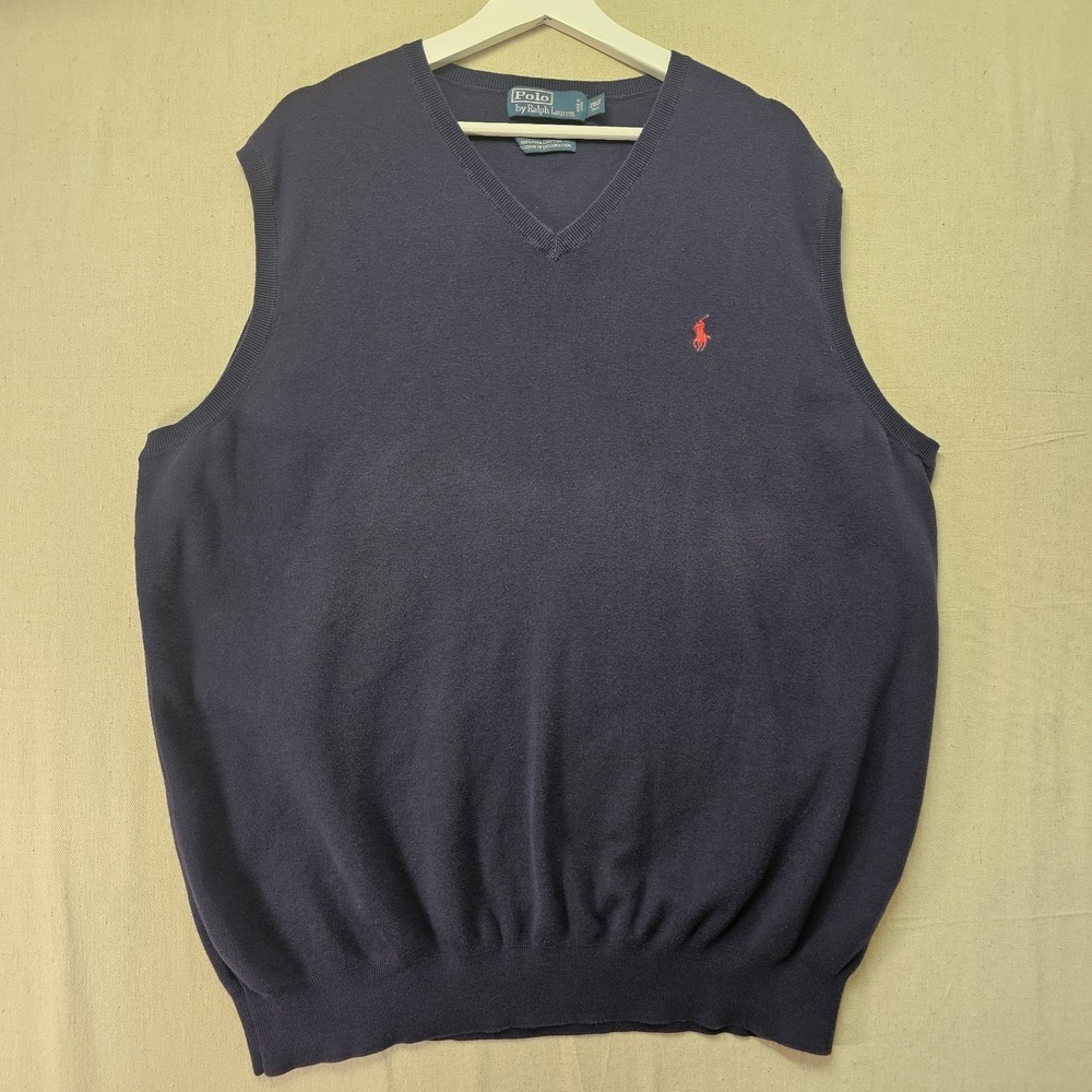 Polo Ralph Lauren Sweater Vest Men's 2XLT XXL Tall Navy V Neck Pima Cotton Golf
